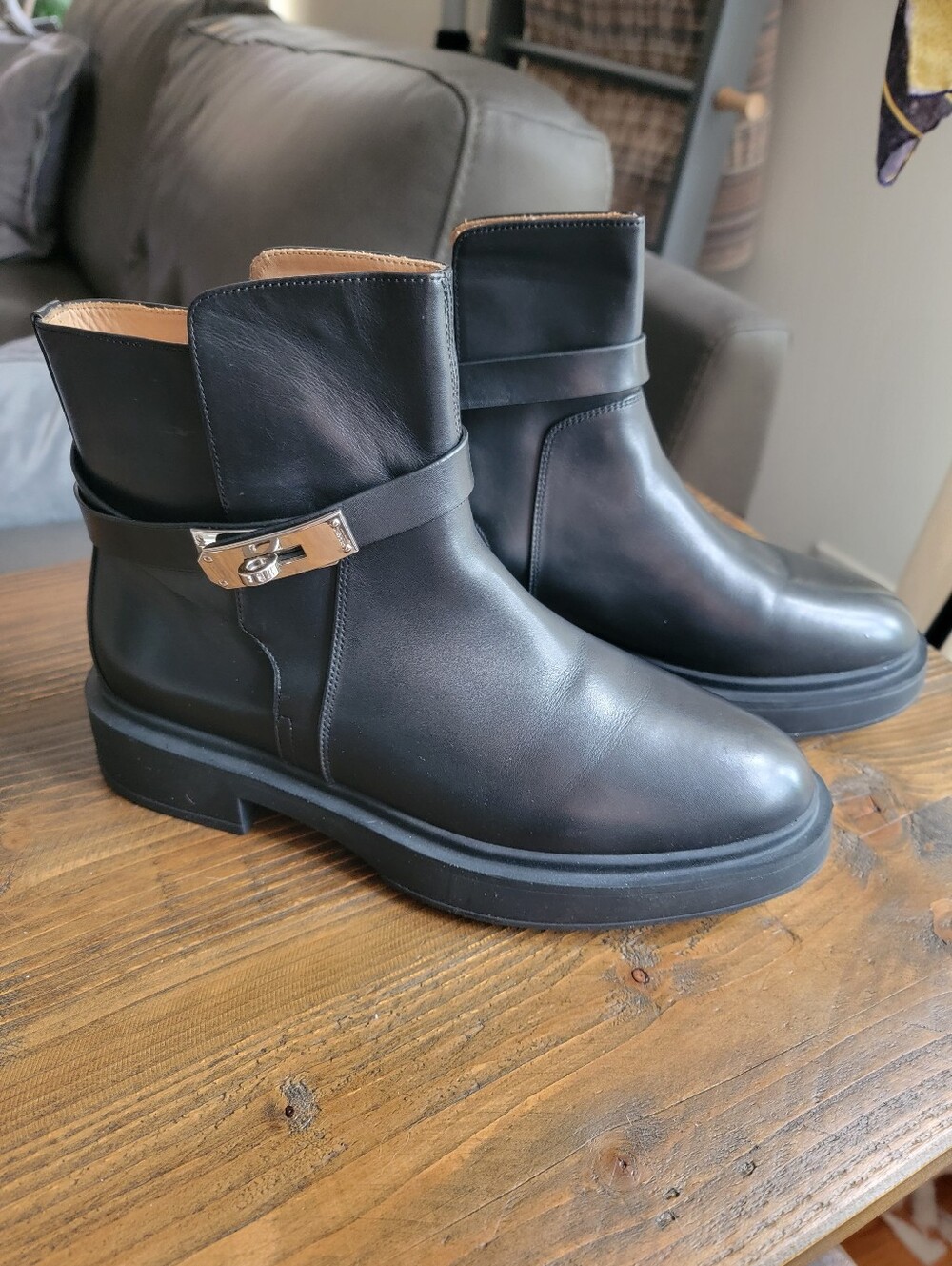 Black Leather Ankle Boots with Silver Buckle 8.5